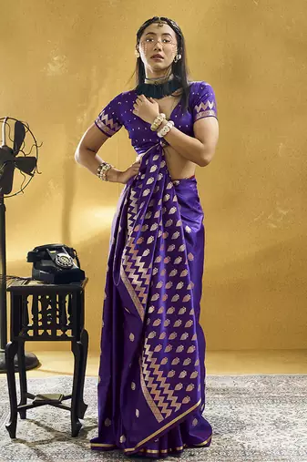 Dark violet satin silk blend saree with gold zari buti