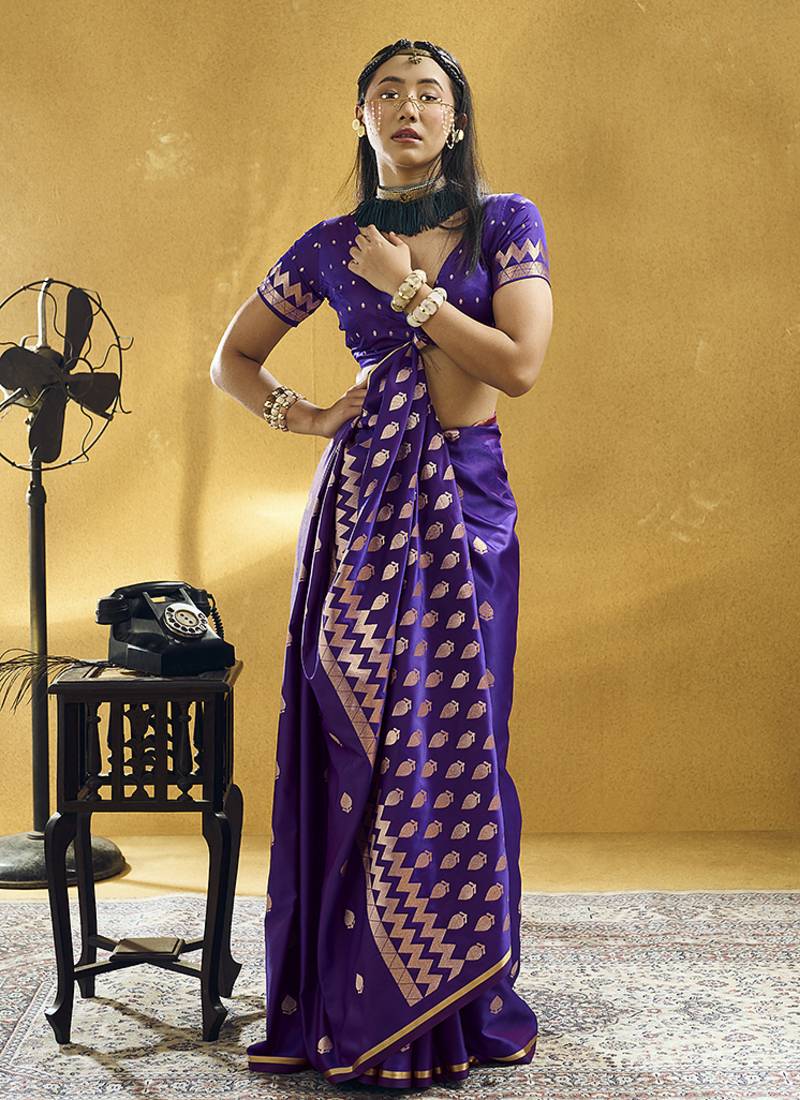 Dark violet satin silk blend saree with gold zari buti