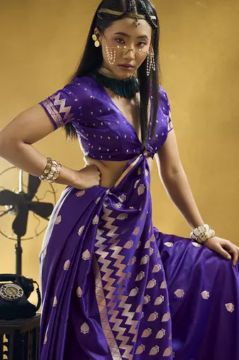Dark violet satin silk blend saree with gold zari buti