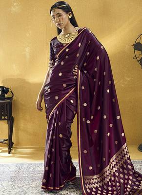 Dark wine satin silk blend saree with gold zari buti 1