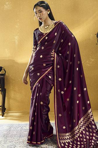 Dark wine satin silk blend saree with gold zari buti
