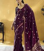 Dark wine satin silk blend saree with gold zari buti