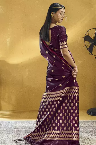 Dark wine satin silk blend saree with gold zari buti