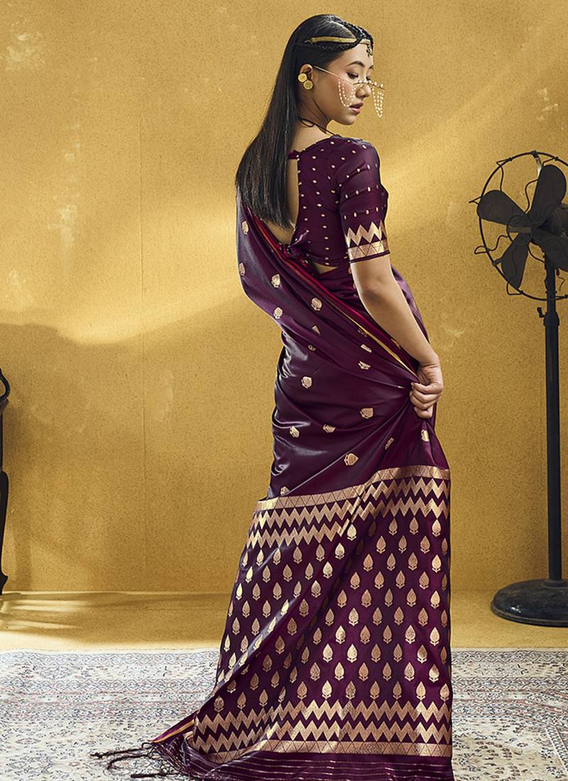 Dark wine satin silk blend saree with gold zari buti