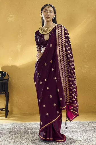 Dark wine satin silk blend saree with gold zari buti
