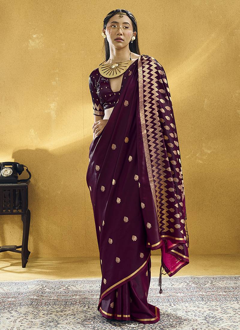 Dark wine satin silk blend saree with gold zari buti