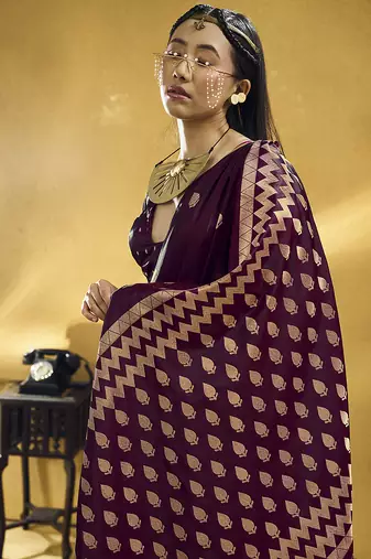 Dark wine satin silk blend saree with gold zari buti