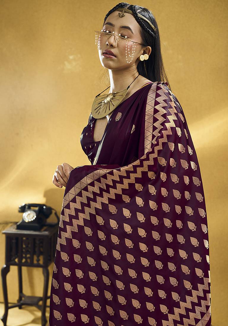 Dark wine satin silk blend saree with gold zari buti