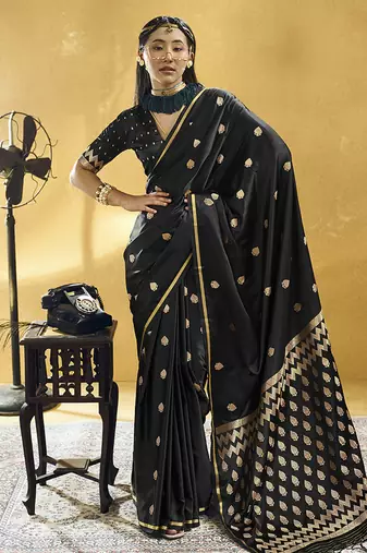 Black satin silk blend saree with gold zari buti