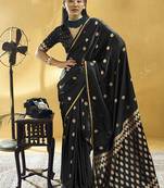 Black satin silk blend saree with gold zari buti