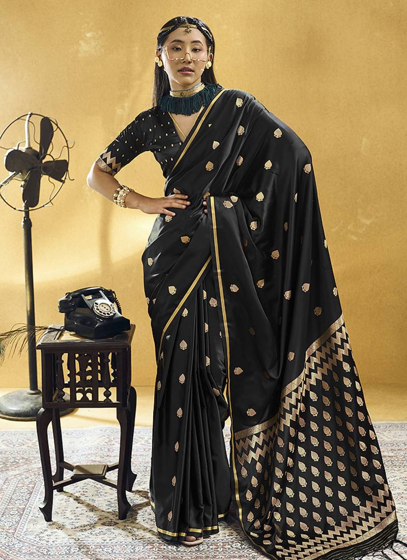 Black satin silk blend saree with gold zari buti