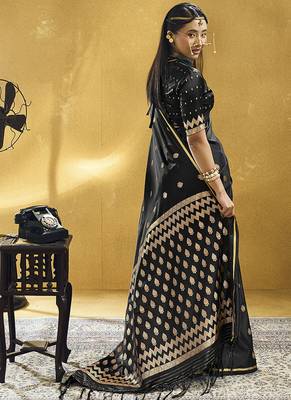 Black satin silk blend saree with gold zari buti 2