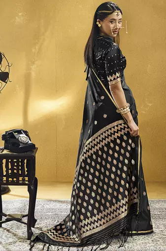Black satin silk blend saree with gold zari buti