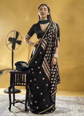 Black satin silk blend saree with gold zari buti 3