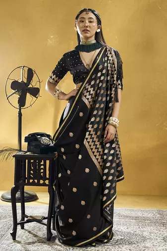 Black satin silk blend saree with gold zari buti