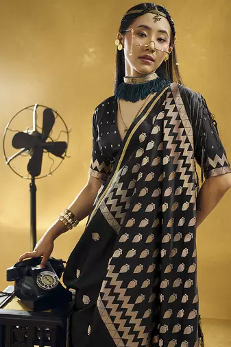 Black satin silk blend saree with gold zari buti