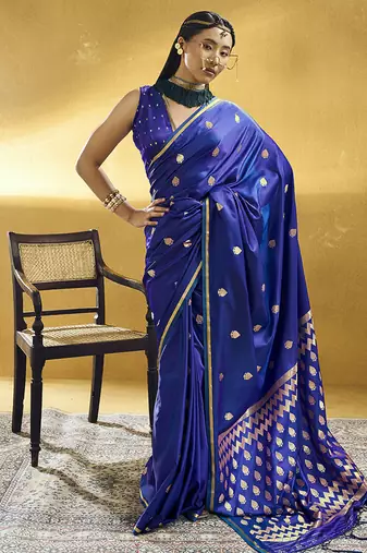Royal blue satin silk blend saree with gold zari buti