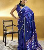 Royal blue satin silk blend saree with gold zari buti