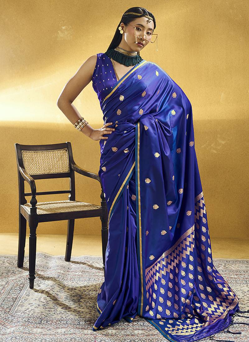 Royal blue satin silk blend saree with gold zari buti