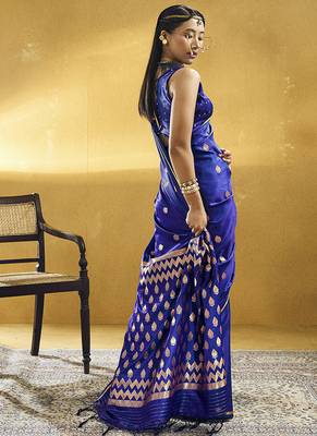 Royal blue satin silk blend saree with gold zari buti 2