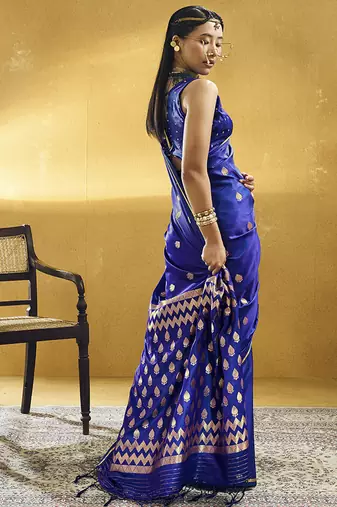 Royal blue satin silk blend saree with gold zari buti