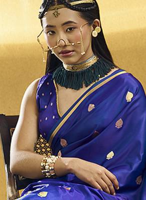 Royal blue satin silk blend saree with gold zari buti 3