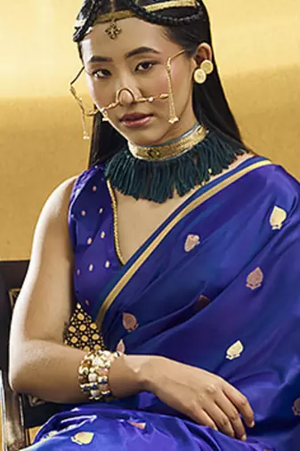 Royal blue satin silk blend saree with gold zari buti