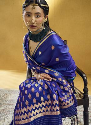 Royal blue satin silk blend saree with gold zari buti 4