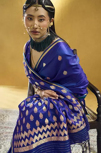 Royal blue satin silk blend saree with gold zari buti