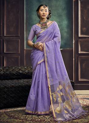 Lavender linen silk blend saree with gold zari border & floral pallu 1