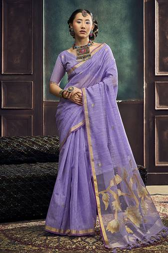 Lavender linen silk blend saree with gold zari border & floral pallu