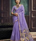 Lavender linen silk blend saree with gold zari border & floral pallu