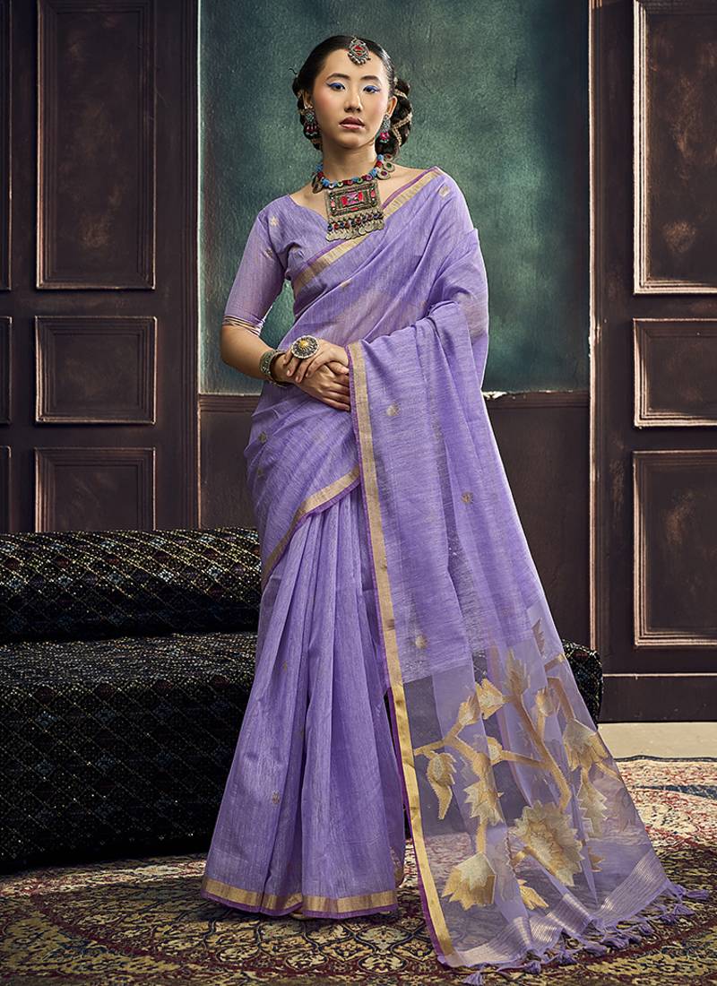 Lavender linen silk blend saree with gold zari border & floral pallu