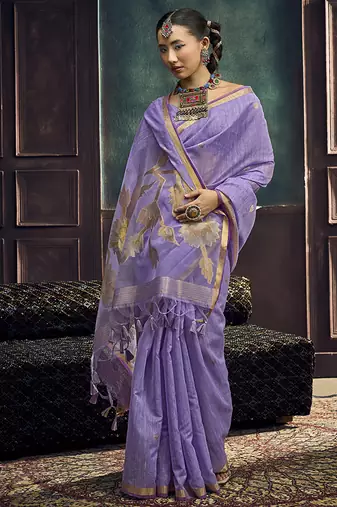 Lavender linen silk blend saree with gold zari border & floral pallu