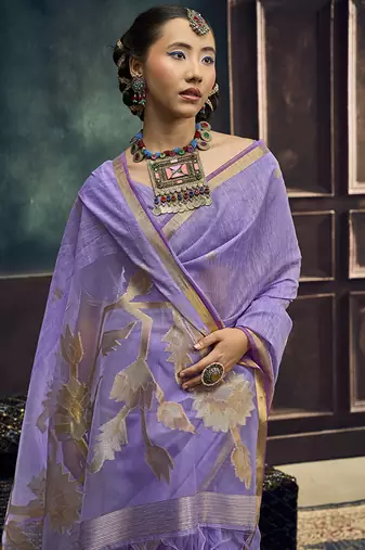 Lavender linen silk blend saree with gold zari border & floral pallu