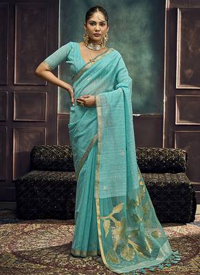 Aqua blue linen silk blend saree with gold zari border & floral pallu 1