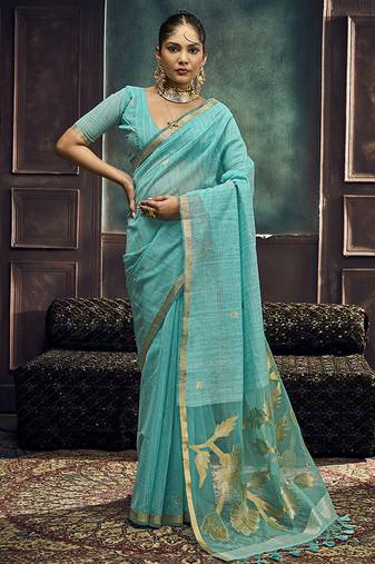 Aqua blue linen silk blend saree with gold zari border & floral pallu