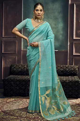 Aqua blue linen silk blend saree with gold zari border & floral pallu