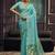 Aqua blue linen silk blend saree with gold zari border & floral pallu