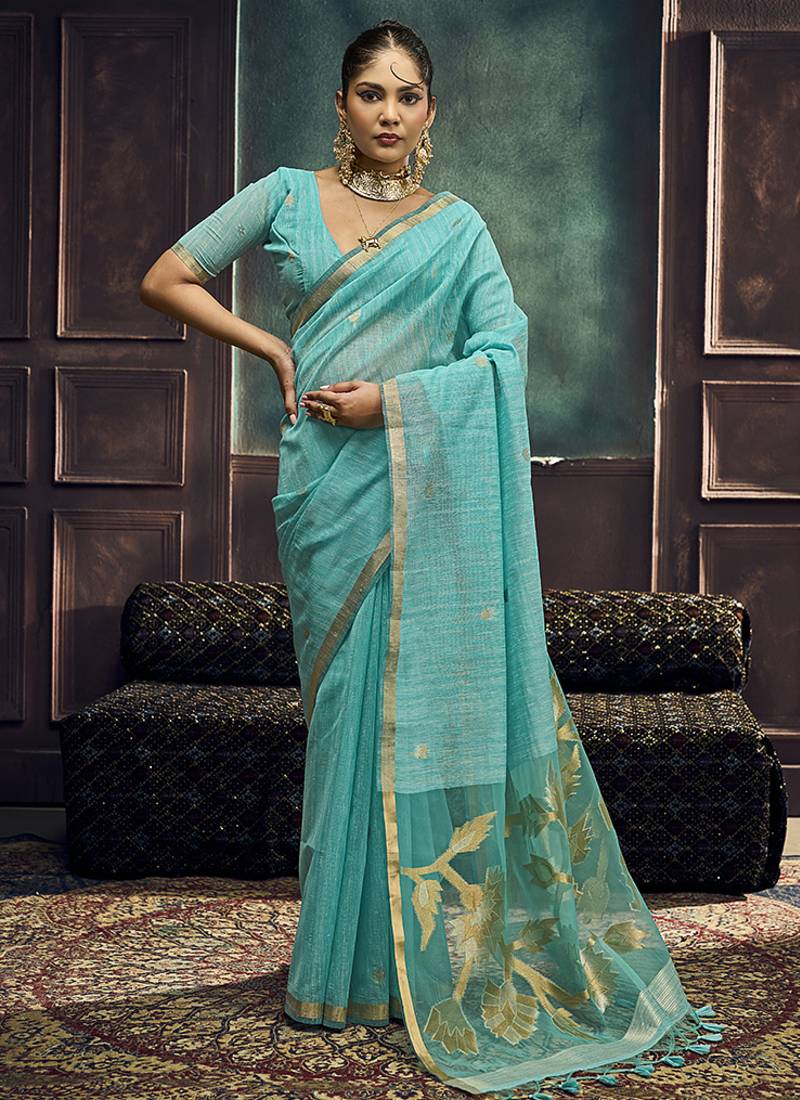 Aqua blue linen silk blend saree with gold zari border & floral pallu