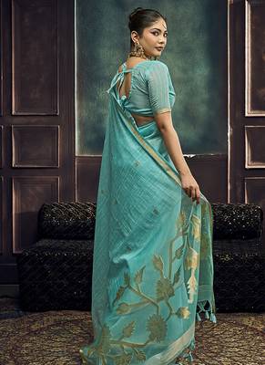Aqua blue linen silk blend saree with gold zari border & floral pallu 2