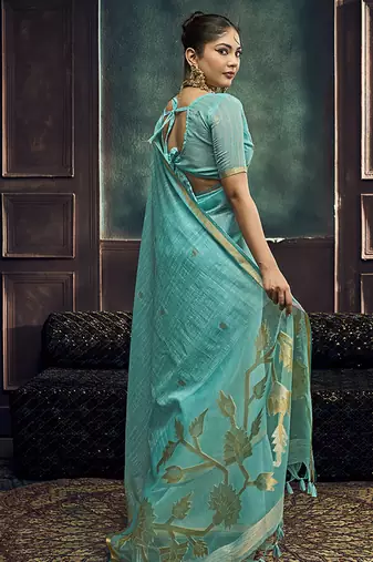 Aqua blue linen silk blend saree with gold zari border & floral pallu