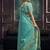 Aqua blue linen silk blend saree with gold zari border & floral pallu