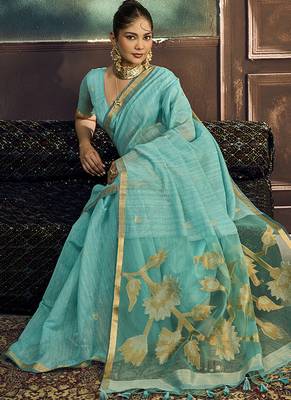 Aqua blue linen silk blend saree with gold zari border & floral pallu 3