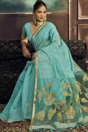 Aqua blue linen silk blend saree with gold zari border & floral pallu
