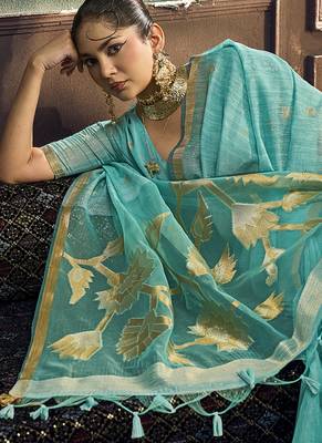 Aqua blue linen silk blend saree with gold zari border & floral pallu 4