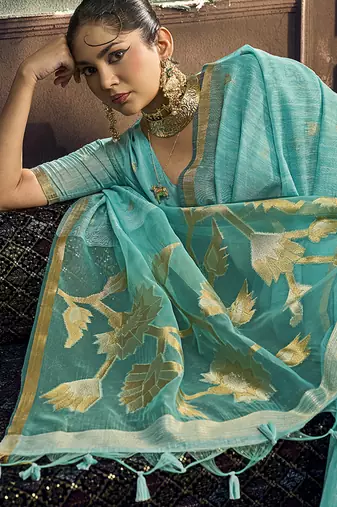 Aqua blue linen silk blend saree with gold zari border & floral pallu