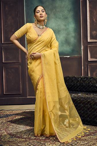 Yellow linen silk blend saree with gold zari border & floral pallu