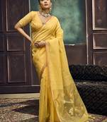 Yellow linen silk blend saree with gold zari border & floral pallu