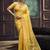 Yellow linen silk blend saree with gold zari border & floral pallu